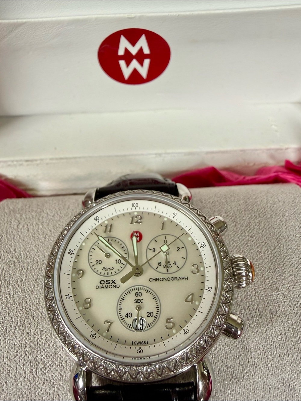 Flawless! Michele CSX Diamond Chronograph Watch - White Dial, Black Strap